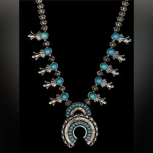 Silver & Turquoise colored Squash Blossom Necklace